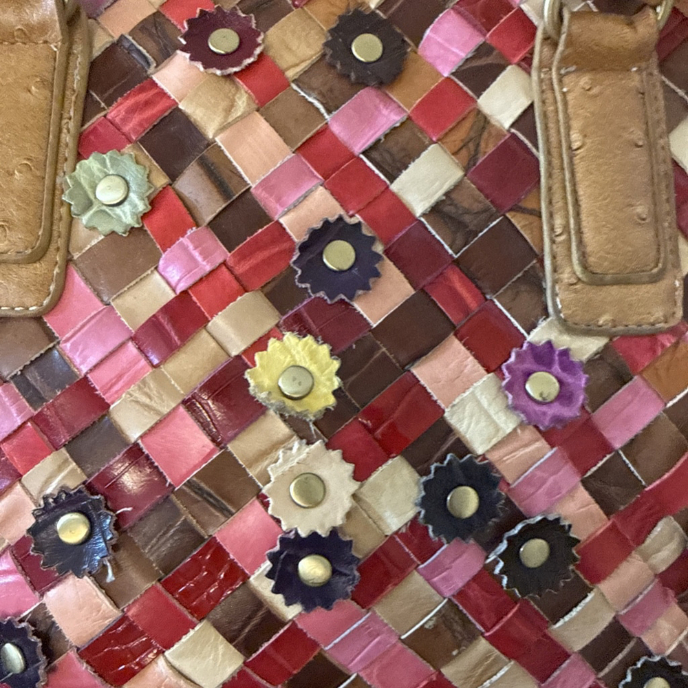 Handmade Woven Multi Color Leather Bohemian Bag with Flower Appliqué Accent - Picture 2 of 9